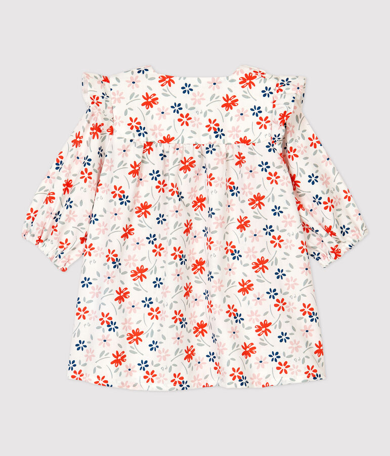 Abito a fiori beb&egrave; femmina in twill di cotone biologico bianco/multicolore